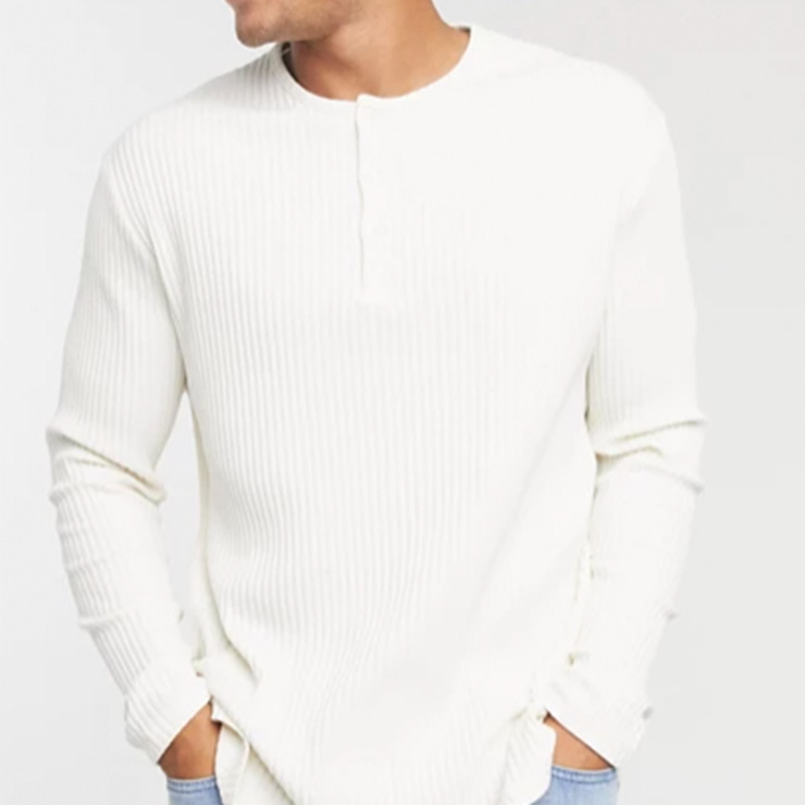 relaxed fit long sleeve t-shirt in rib with grandad neck, $29.00 USD