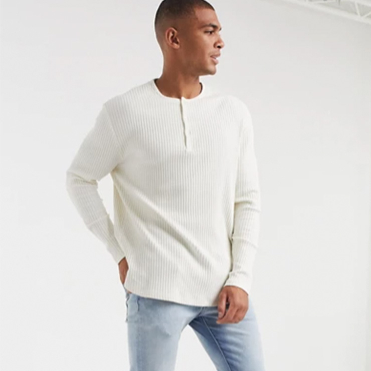 relaxed fit long sleeve t-shirt in rib with grandad neck, $29.00 USD