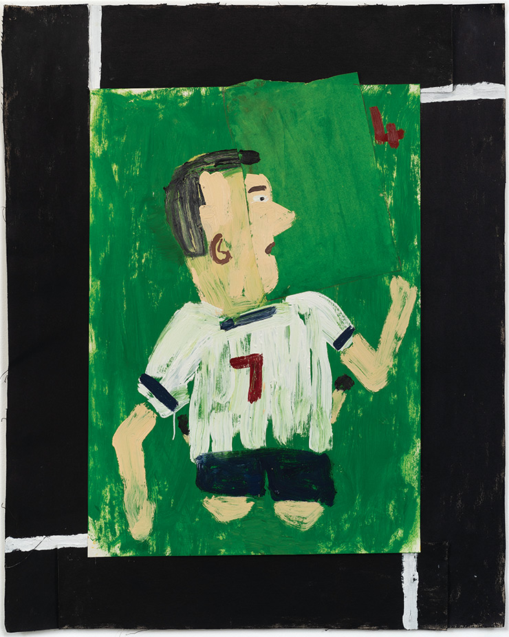 Rose Wylie, 〈Tottenham Colours, 4 Goals〉, 2020, Oil on paper and collaged canvas Dimensions to be confirmed, 84x59cm. Photo by Jo Moon Price