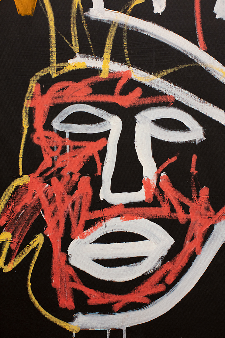 아트워크: Jean-Michel Basquiat, 〈Untitled (Cowboy And Indian)〉, 1982, acrylic and oil stick on canvas, 50x105 In (127x266.7cm); Jawbone Of An Ass, 1982 (Detail), acrylic, oil stick, and paper on canvas with strings and wood supports, 60x84 In (152.4x213.36cm); All Artwork © The Estate Of Jean-Michel Basquiat, Licensed By Artestar, New York