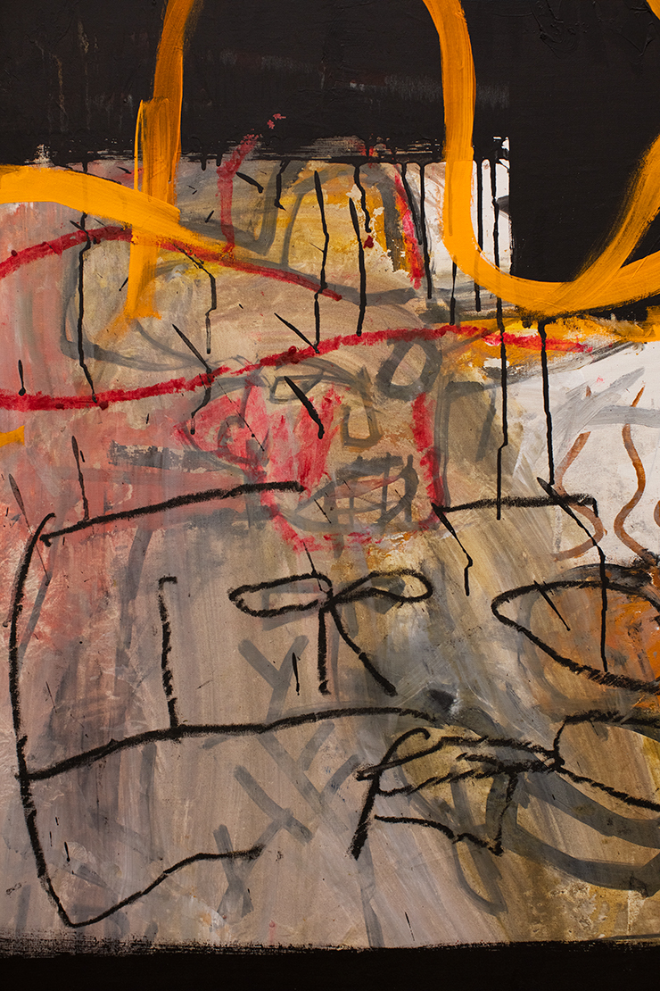 아트워크: 〈Untitled (Cowboy And Indian)〉, 1982 (Details), acrylic and oil stick on canvas, 50x105 In (127x266.7cm), © The Estate Of Jean-Michel Basquiat, Licensed By Artestar, New York