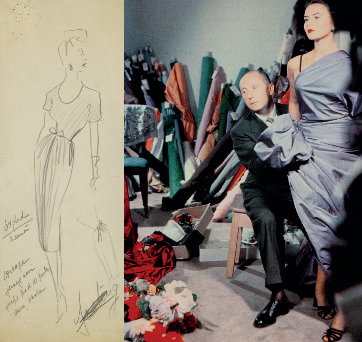 (왼쪽부터) 1947 A/W 오트 쿠튀르 컬렉션을 위한 크리스찬 디올의 스케치. 크리스찬 디올과 모델 실비 히르슈 (1948).