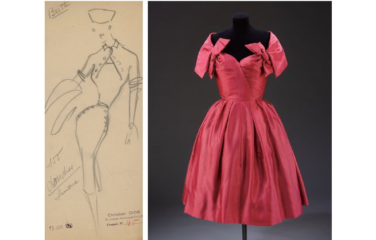 (왼쪽부터) 1950 A/W 오트 쿠튀르 컬렉션을 위한 크리스찬 디올의 스케치. V&A 뮤지엄에 전시된 ‘리브레(Libre)’ 드레스(1957 S/S).