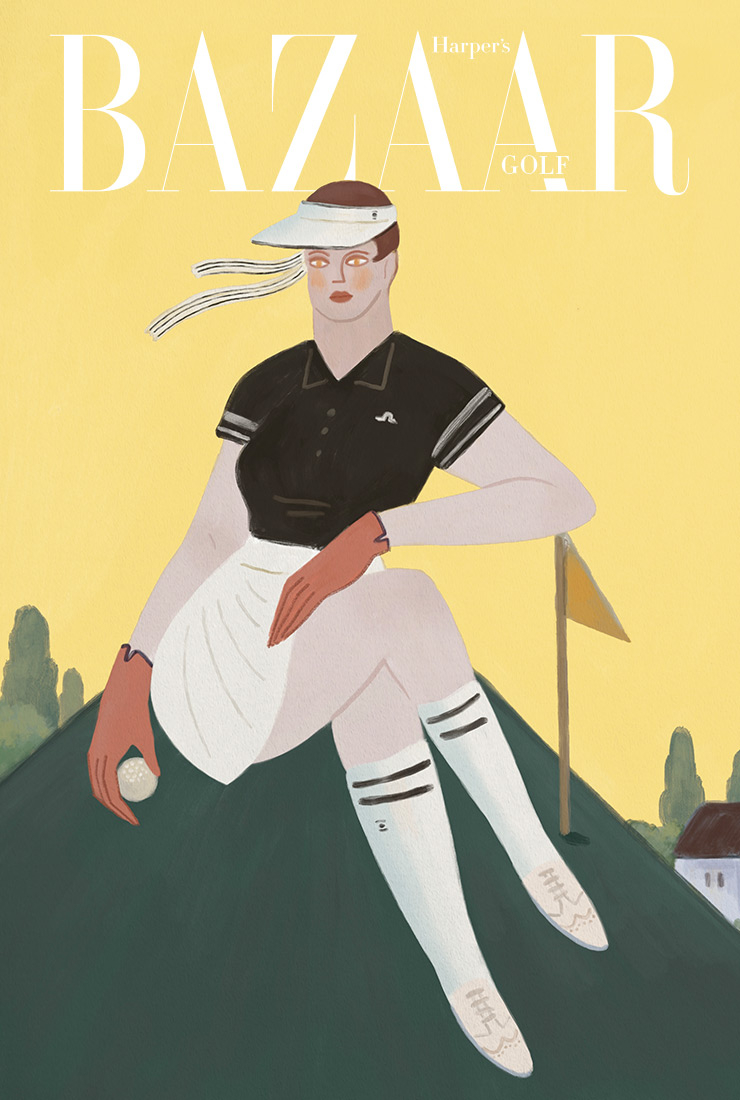 2020년의 골프웨어 트렌드 중 가장 주목해야 할 블랙 & 화이트 룩을 입은 여성을 1920년대 아르데코풍의 일러스트로 표현했다. 리본 장식 선바이저와 컬러풀한 장갑은 모던한 의상에 포인트가 된다.