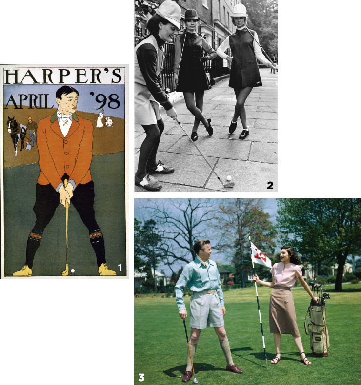  1 1970년대 골프를 즐기는 남녀.  2 슬레진저가 디자인한 골프웨어를 입은 1960년대 모델들. 3 1898년 〈하퍼스 매거진〉에 실린 골퍼의 모습. 당시 귀족들의 패션을 짐작할 수 있다. 