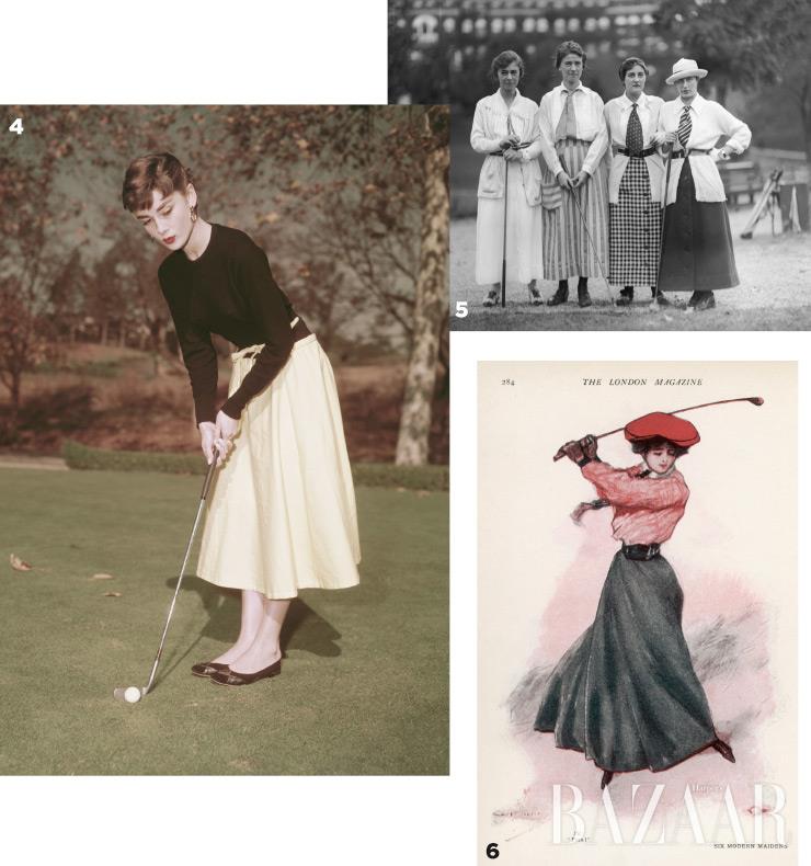 4 골프를 즐기는 오드리 헵번. 5 홈스테드 호텔의 골프 코스에서 포즈를 취한 미국 사교계 여성들. 6 1907년 〈런던 매거진〉에 실린 삽화로 잘록한 허리를 강조한 것이 돋보인다.