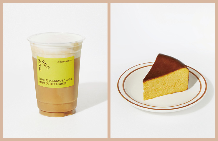 (왼쪽부터)라테 위에 달콤한 크림을 얹은 브라운 커피는 6천3백원. 수제 단호박 바스크 치즈 케이크는 6천5백원. 