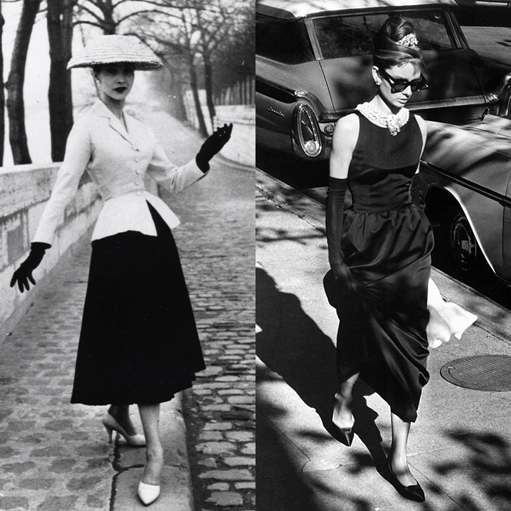 (왼쪽) 디올의 뉴룩과 바 재킷. 2차 세계대전 직후인 1947년. @Association Willy Maywald ADAGP, (오른쪽) 영화 〈티파니에서 아침을〉 속의 오드리 헵번이 지방시의 리틀블랙드레스를 입고 있다. 