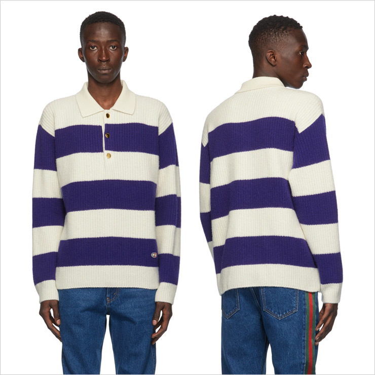 Blue & White Wool Polo Sweater, $990 USD