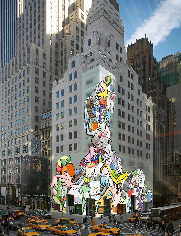 루이 비통 뉴욕 매장을 덮은 우르스 피셔의 페인팅. 