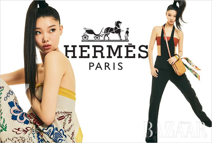 (왼쪽) 보디를 감싼 스카프는 Hermès. (오른쪽) 니트 브라 톱, 점프수트, 뱅글, 크로스보디 백, 트윌리 스카프, 슈즈는 모두 Hermès.
