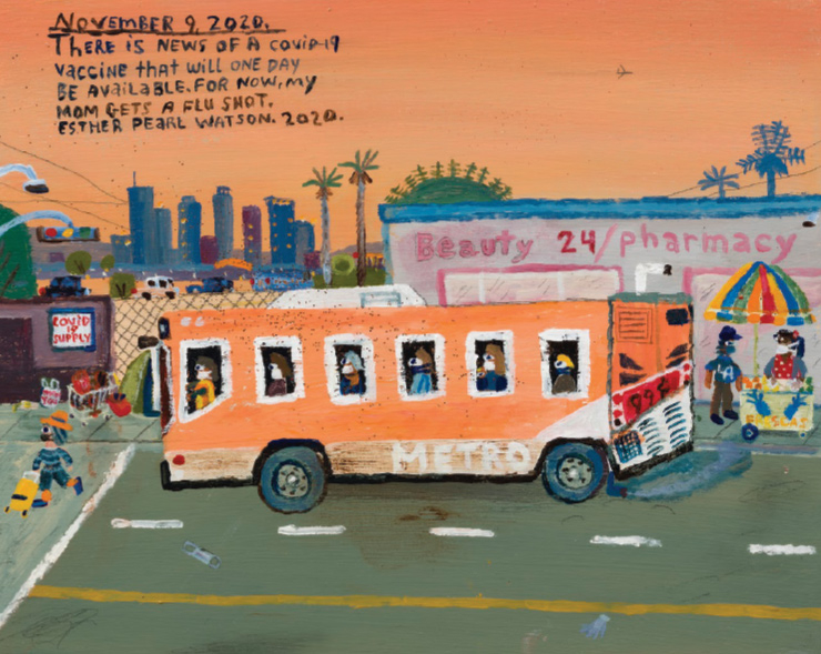  작가가 그림으로 기록한 팬데믹 속 어느 하루. Esther Pearl Watson, 〈November 9, There is a vaccine〉, 2020, Acrylic with pencil on panel, 20.32x25.4cm, Inventory #EPW380 Courtesy of the artist and Vielmetter Los Angeles.