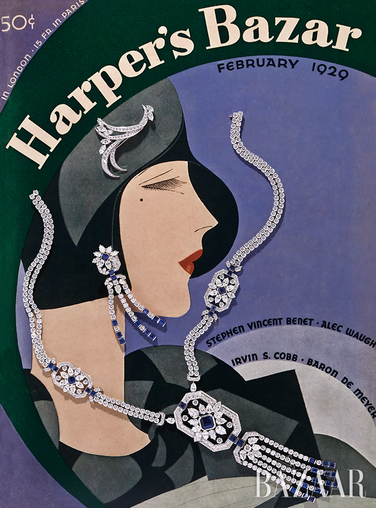모자 장식으로 연출한 브로치, 귀고리, 목걸이는 모두 Harry Winston. Cover: Harper’s Bazaar, February 1929, Illustration by Reynaldo Luza. 