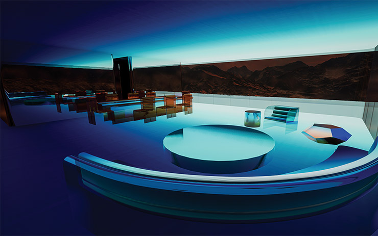 거실 구조. 중앙의 원형 테이블 우측에 위치한 다면체 사이드 테이블은 베니스 원더글라스 갤러리에서 실물화 버전으로 전시 중이다.