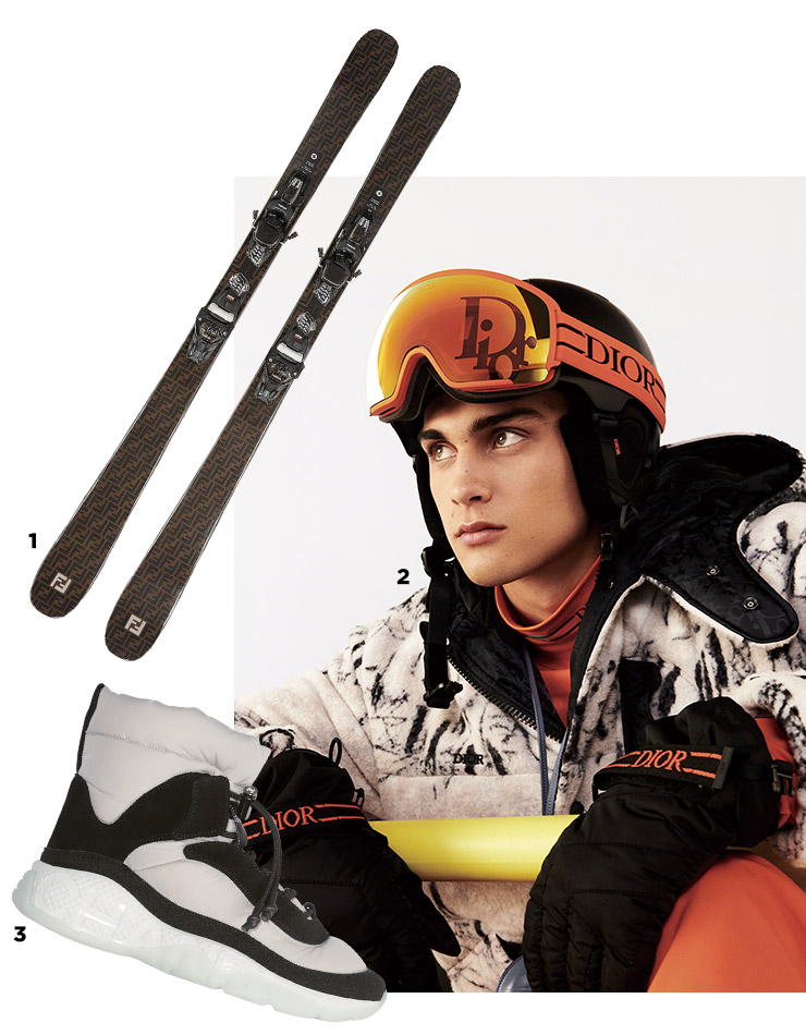  1 펜디의 스키 플레이트. 2 디올 스키 캡슐 컬렉션. 3 샤넬의 코코 네쥬 부츠.