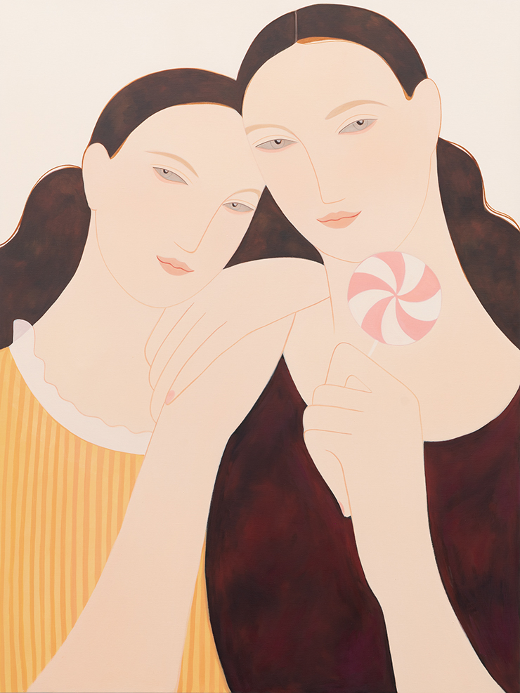 〈Sisters with Lollipop〉, 2021, Oil on linen, 76.2x121.9cm.