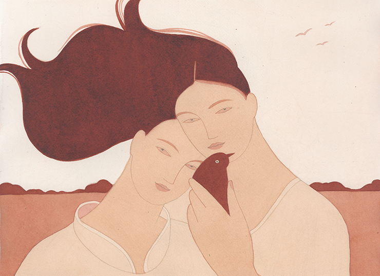 〈Sisters with A Bird Sepia〉, 2022, Watercolour on paper, 30.5x40.6cm.