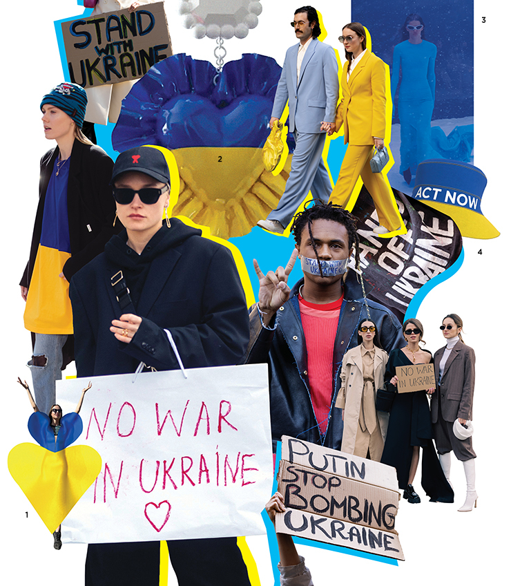 1 드레스X의 디지털 룩을 활용해 SNS에 사진을 올린 여성. 2 드레스X에서 선보인 우크라이나 지원 하트 귀고리. 3 발렌시아가의 2022 F/W 쇼의 푸른 드레스. 4 우크라이나를 위한 행동을 촉구하는 메시지가 담긴 드레스X의 모자.