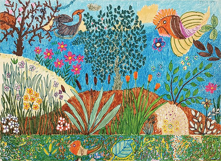 켄트지 위에 컬러 펜으로 그린 〈파란꽃밭〉, 1991.