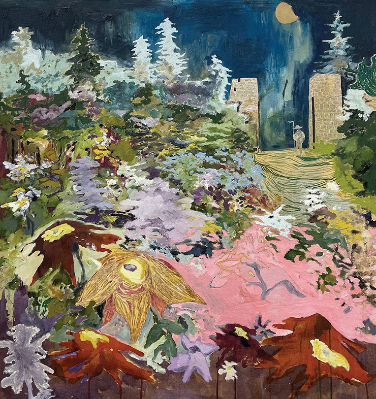 피에르 크놉, 〈Jardin I〉, 2022, Oil, ink, acrylic and crayon on canvas, 95x95cm.