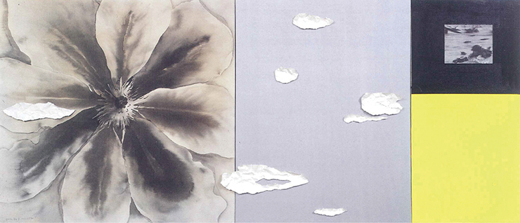 동숭갤러리 부스에 걸린 김구림 작가의 〈Yin and Yang 90-L28〉, 1990, 캔버스에 혼합재료, 122x274cm.