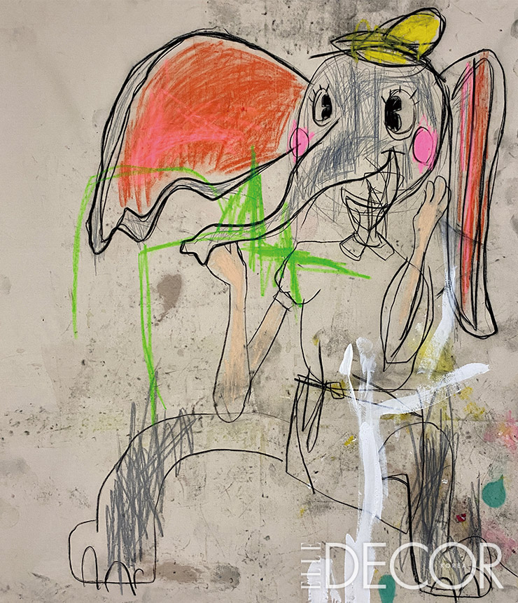 ’Nelly the Shoplifting Elephant’ Charcoal, oil, pastel, acrylic and spray on canvas, 170x150 cm, 2021 © George Morton-Clark