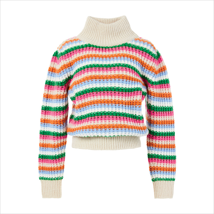 멀티 컬러 스트라이프가 특징인 크롭트 스웨터는 가격 미정, Claudie Pierlot.